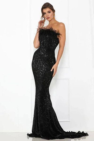 SELİN MODA EVİ Βραδινό φόρεμα με παγιέτες με πούπουλα με λεπτομέρειες βελούδινο μαύρο φόρεμα P P T21, 36