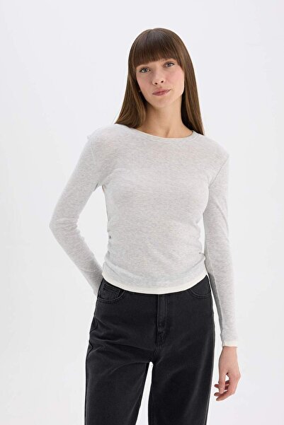 DeFacto Slim Fit Slim Fit Rundhalsausschnitt Basic Solid Rib Langarm-T-Shirt E6548AX25SP