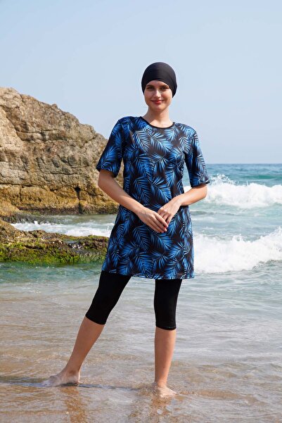 vawensea Kadın Yarım Kol Desenli Tesettür Mayo Mavi (GENİŞ BEDEN ARALIĞI)