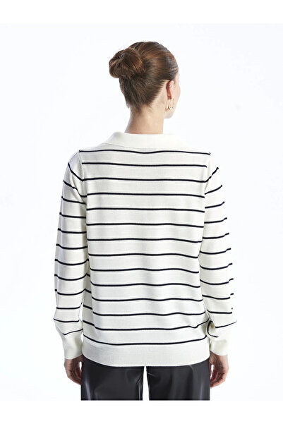 LC Waikiki LCWAIKIKI Basic Polo Yaka Çizgili Uzun Kollu Kadın Triko Kazak