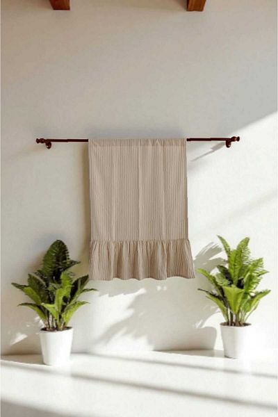 MZN Home Etekucu Ruffled Rustic Pipe Milk Coffee Striped Vintage Linen Curtain - Lace Gift - (En X Boy)