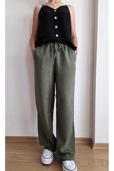 EKAY Sofia Linen Loose Cut Trousers with Elastic Waist and Lace Detail