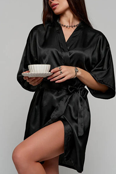 ZENCHES Saten Kuşaklı Mini Siyah Sabahlık-Şık & rahat,çeyizlik,İpeksi Saten