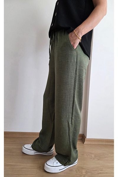 EKAY Sofia Linen Loose Cut Trousers with Elastic Waist and Lace Detail