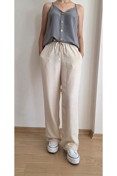 EKAY Sofia Linen Loose Cut Trousers with Elastic Waist and Lace Detail