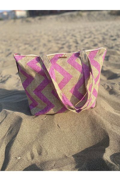 MER HOME Zigzag Patterned Zippered Lined Beach Bag Daily Shoulder Bag