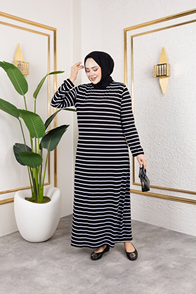 Cochines Kadın Siyah Beyaz Çizgili Rahat Kullanışlı Penye Oversize Şık Uzun Yazlık Tesettür Elbise