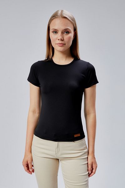 FHELIA Women's Black Short Sleeve Crew Neck Basic Flexible Lycra Perfect Slim Fit Body