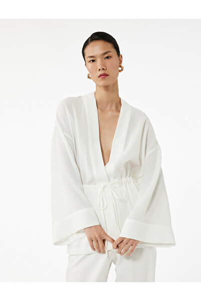 Koton Mandarin Yaka Beli Bağcıklı 3/4 Geniş Kollu Kimono