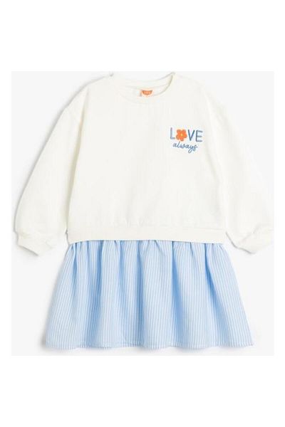 Koton Cotton Sweat Dress - Long Sleeve, Round Neck and Embroidery Detail