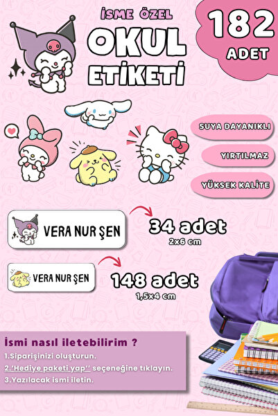 Hume Craft 182 Adet Hello Kitty Sanrio Temalı İsme Özel Okul Etiketi Kalem ve...