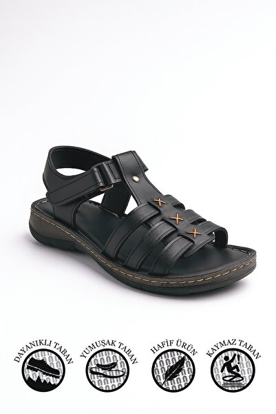 Nstil Daily Women's Black Sandals Orthopedic Comfortable Stitched Sole Ankle Velcro Lightweight Shoes 15211