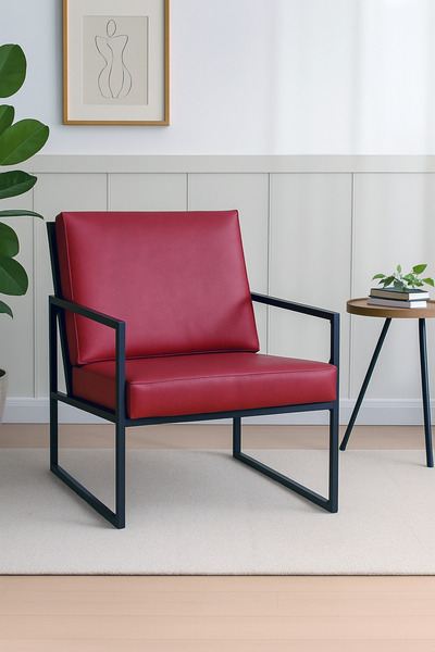 Azra Mobilya İskandinav Tarzı Metal Ayaklı Deri Tekli Koltuk – Kırmızı