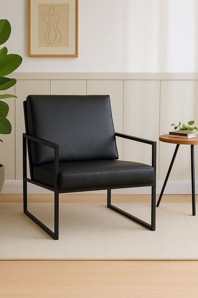 Azra Mobilya İskandinav Tarzı Metal Ayaklı Deri Tekli Koltuk – Siyah