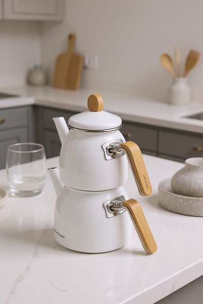 Bambum Sultan Bamboo Handle Teapot Set and White