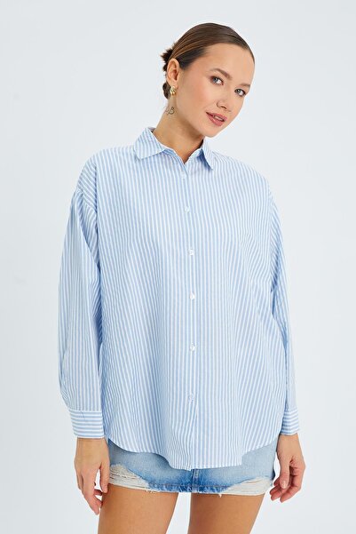 Mixray 4616 Πουκάμισο Γυναικείο Λεπτό ριγέ Over Fit Basic Πουκάμισο Μπλε