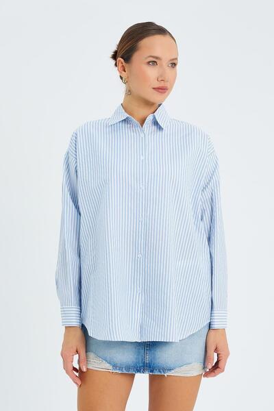 Mixray 4616 Πουκάμισο Γυναικείο Λεπτό ριγέ Over Fit Basic Πουκάμισο Μπλε