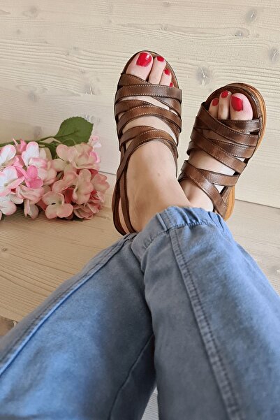 İNZE AYAKKABI Tan Multi-Strapped Genuine Leather Sandals Model Carnation