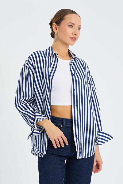 Mixray 4611 Жіноча сорочка з аполетами та смужками, темно-синя