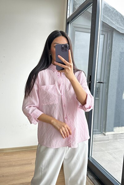 Mixray 4655 Kadın Apolet Detaylı İnce Çizgili Gömlek Pembe