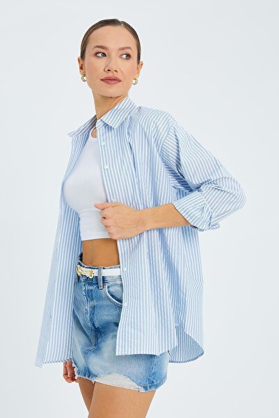 Mixray 4616 Πουκάμισο Γυναικείο Λεπτό ριγέ Over Fit Basic Πουκάμισο Μπλε