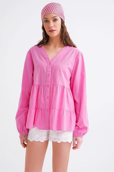Mixray Pink Layered V-Neck Summer Linen Shirt Women's 4637 Model