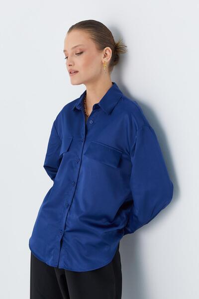 Mixray Жіноча сорочка з синьою атласною кришкою - з кишенями, модель 4635