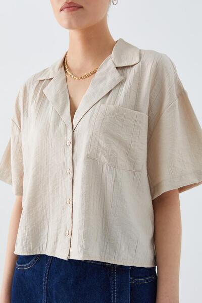 Mixray 4556 Μοντέλο Γυναικείο - Basic Crop πουκάμισο με τσέπες - Πέτρινο Χρώμα