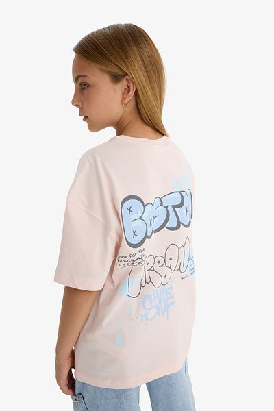 DeFacto Tricou cu mânecă scurtă pentru fete, cu mânecă scurtă, cu decolteu lat, cu imprimeu la spate E0357A825SM
