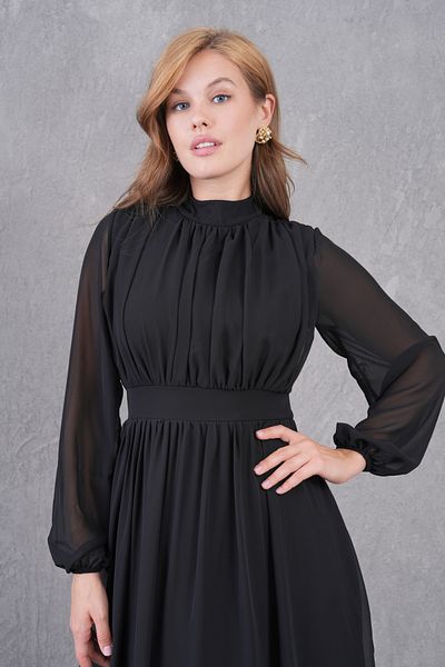 WOMAN VISION Rochie neagră de damă din țesătură șifon căptușită, cu guler ridicat, tăiat evazat, cu mânecă lungă, lungime midi 094