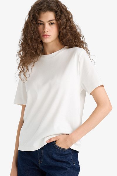 DeFacto Regular Fit Crew Neck Basic Απλό Χοντρό κοντομάνικο λευκό μπλουζάκι D7579ax25sp