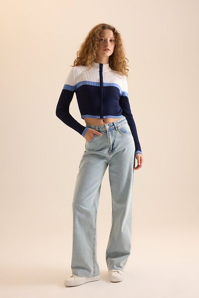 DeFacto Coool Half Turtleneck - Tricotaj cu dungi cu fermoar Cardigan A3646axns
