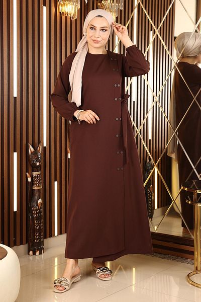 Modamihram Buttoned Side Tied Abaya Brown 19133