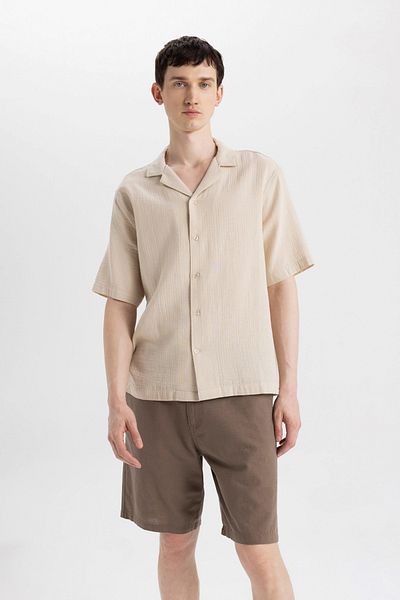 DeFacto 100% Cotton Relax Fit Polo Neck Cotton Summer Muslin Short Sleeve Shirt C7578Ax25Sm