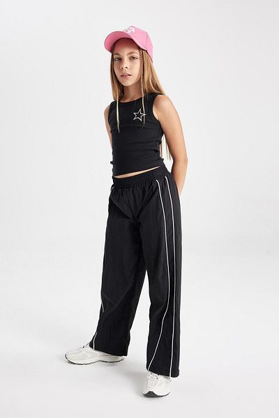 DeFacto Pantaloni negri cu picior lat pentru fete, cu picior lat, cu talie elastică C8775a824au