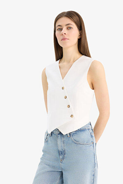 DeFacto Regular Fit Blazer Yelek V Yaka Çapraz Düğmeli Beyaz D4568AX24AU