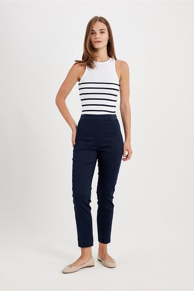 DeFacto Navy Blue Satin Cigarette Pants - Elastic Waist, Straight Leg J8743Az24Wn