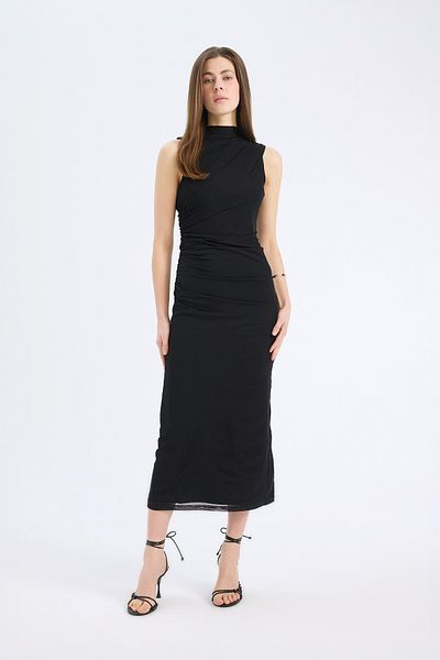 DeFacto Rochie neagră maxi fără mâneci din tul simplu, cu jumătate de gât țesut, bodycon C3519ax24sp