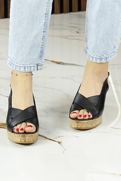 Erkan Saçmacı Luna Black Genuine Calfskin Cross Strap Cork Sole Look Wedge Heeled Sandals