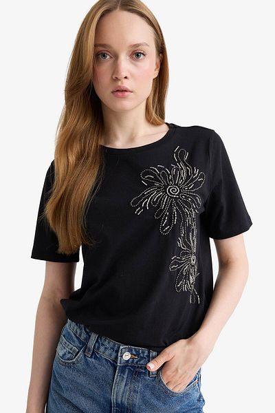 DeFacto Tricou cu mânecă scurtă din bumbac pieptănat imprimat cu broderie cu decolteu rotund F6479AX25HS