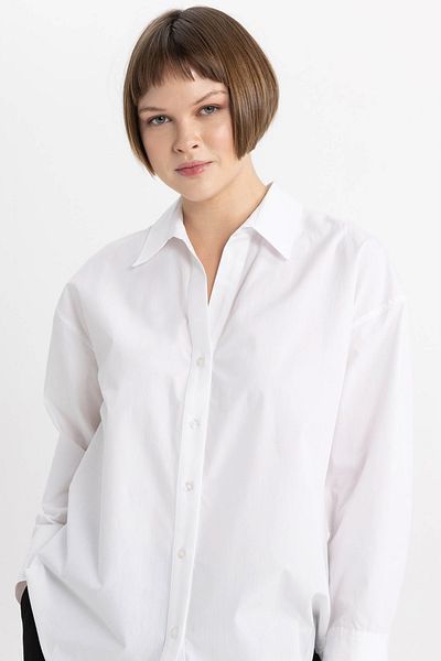 DeFacto Long Sleeve Poplin Shirt - Oversize Collar, 100% Cotton