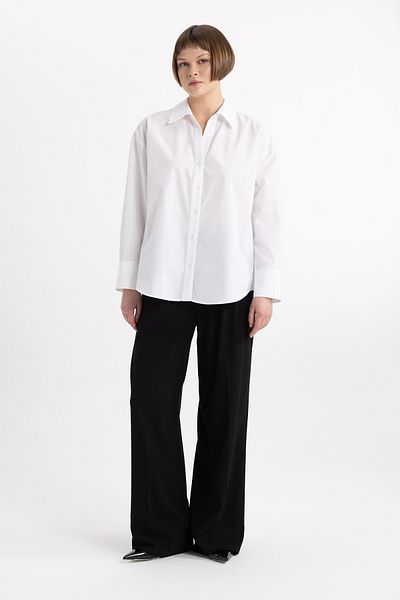 DeFacto Long Sleeve Poplin Shirt - Oversize Collar, 100% Cotton