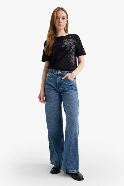 DeFacto Tricou cu mânecă scurtă din bumbac pieptănat imprimat cu broderie cu decolteu rotund F6479AX25HS