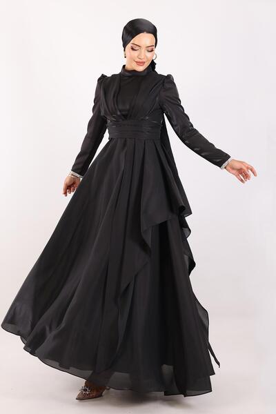 Olcay Taft-Satin-Hijab-Abendkleid mit Ärmelkragen, Steinstickerei, Falten und Schwungraddetail SCHWARZ 1215