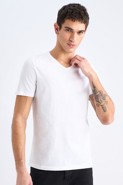 DeFacto Tricou de bază cu mânecă scurtă, 100% bumbac, cu decolteu în V