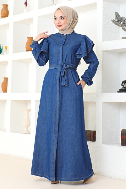 Modamihram Темно-синя абайя з рюшами на плечі з ґудзиком 19204