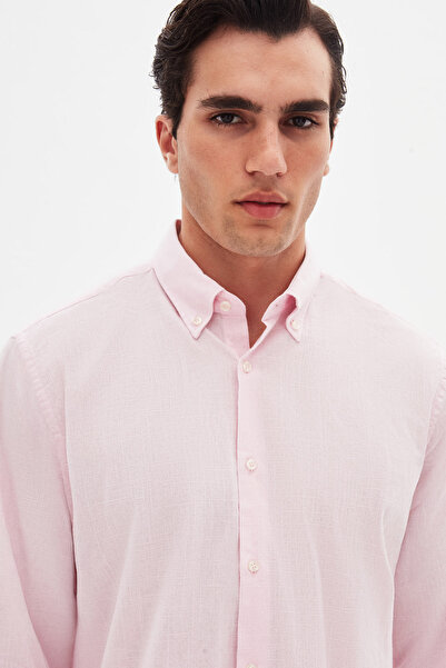 D'S Damat Πουκάμισο Ds Damat Comfort με ροζ γιακά με χαλαρή εφαρμογή από λινό 100% βαμβάκι