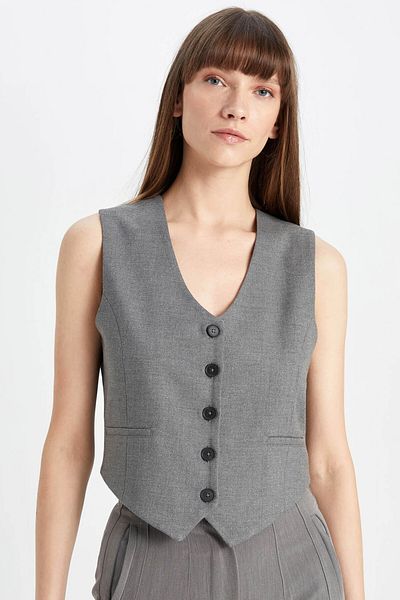 DeFacto Classic Gray Blazer Vest with V-Neck Buttons C2026Ax24Sp