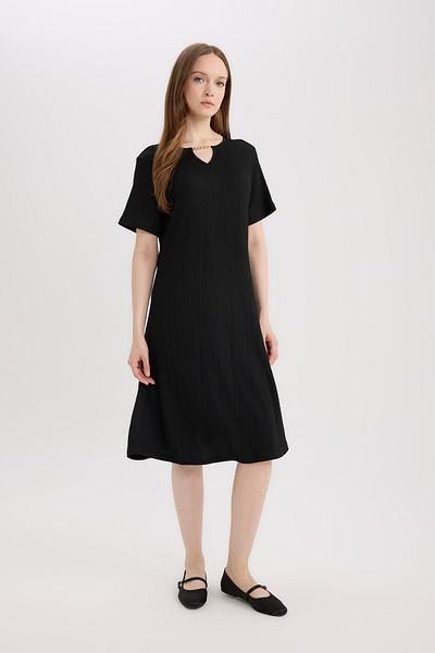 DeFacto Rochie midi cu mânecă scurtă, cu guler Apaş, cu croiala normală D3834AX24SM