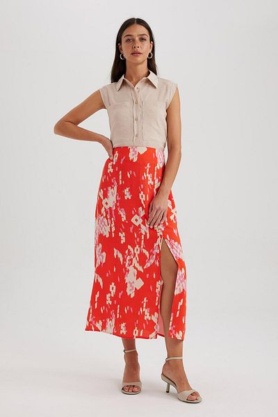 DeFacto A-Line Floral Regular Waist Slit Midi Skirt X6692az23sm